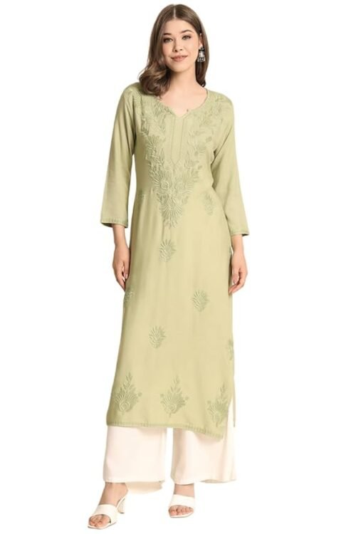Women’s Rayon Straight Cut Round Neck Kurta with Beautiful Lucknowi Chickenkari Work, Stylish Kurti for Women,