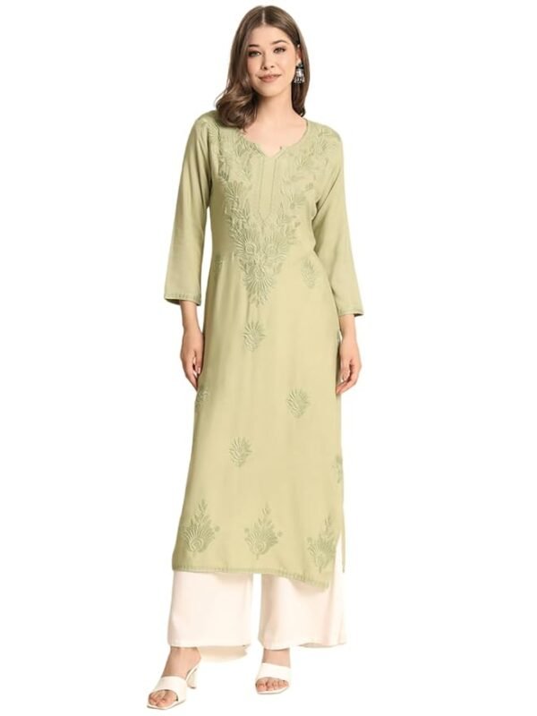 Women's Rayon Straight Cut Round Neck Kurta with Beautiful Lucknowi Chickenkari Work, Stylish Kurti for Women,