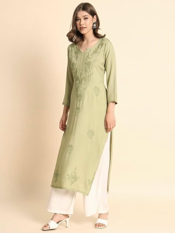 Women's Rayon Straight Cut Round Neck Kurta with Beautiful Lucknowi Chickenkari Work, Stylish Kurti for Women, - Image 2