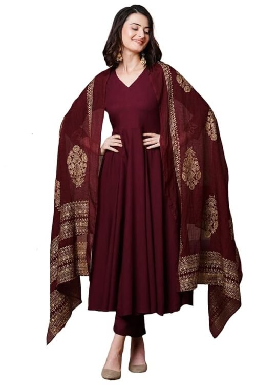 Women’s Rayon Blend Solid Anarkali Kurta with Pant & Dupatta