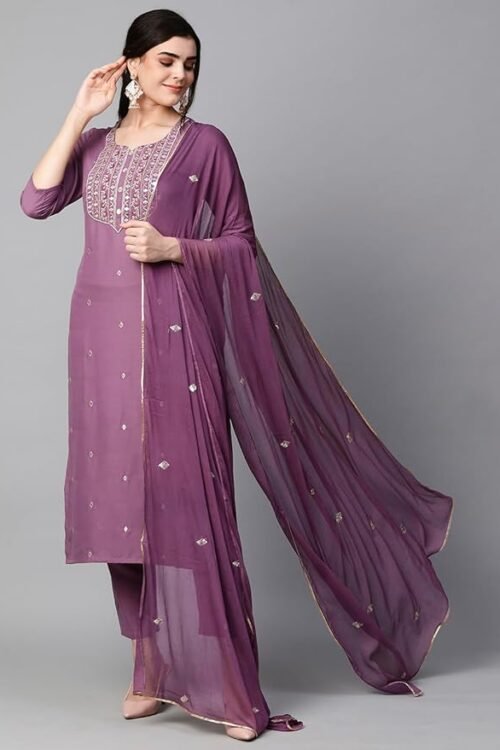 Women’s Cotton Blend Embroidered Straight Kurta with Pant & Dupatta