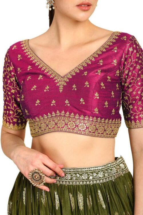 Womens Zari Embroidery Padded Silk Blend Half Sleeve Blouse with Sequins