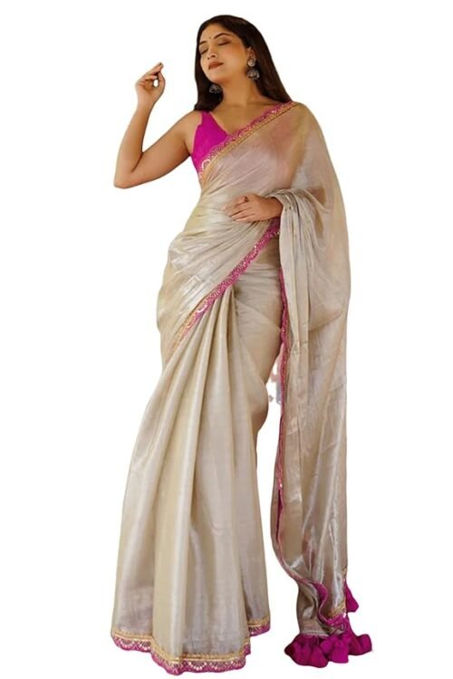 Women’s Shimmer Net Lace Border Dual Tone Saree with Unstitched Blouse Piece