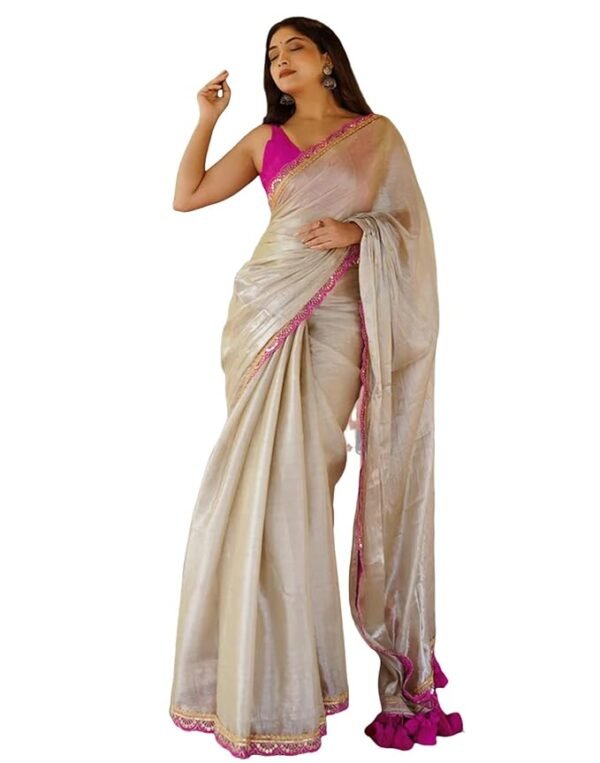 Women's Shimmer Net Lace Border Dual Tone Saree with Unstitched Blouse Piece