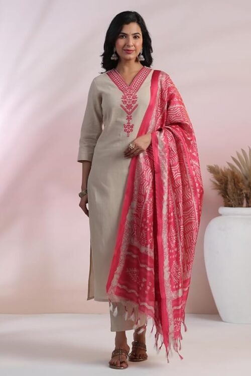 Women’s Rayon Blend Embroidered Straight Kurta with Pant & Dupatta