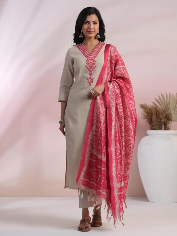 Women's Rayon Blend Embroidered Straight Kurta with Pant & Dupatta