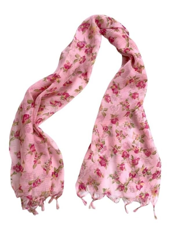 Rajasthani Women's Poly Winter Pink Floral Print Kota Doria Checkered Dupatta - Image 4