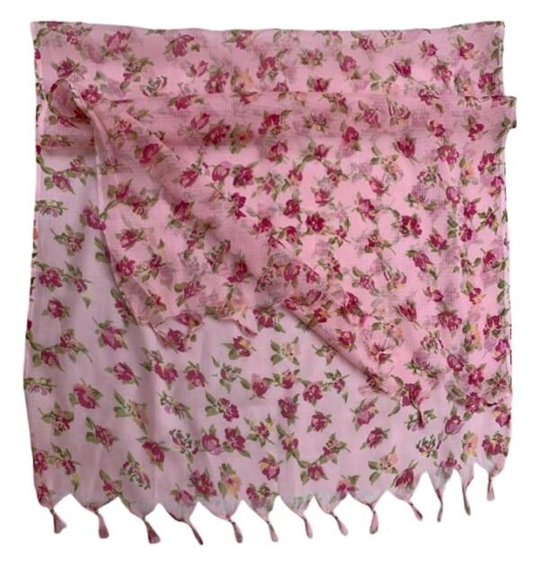 Rajasthani Women's Poly Winter Pink Floral Print Kota Doria Checkered Dupatta - Image 6