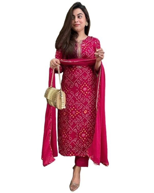 Women's Rayon Viscose Straight Bandhej Printed Kurta with Pant & Dupatta - Image 2