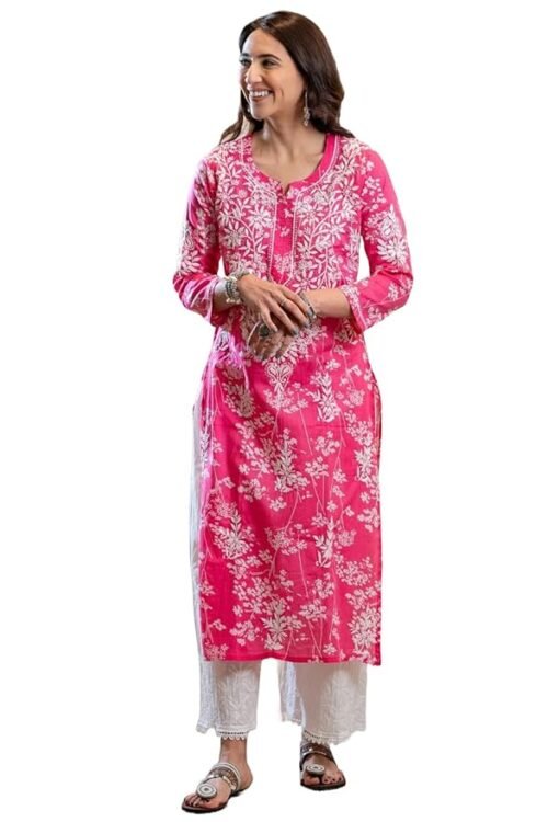 Women’s Cotton Blend Chikankari Embroidered Straight Kurta Set