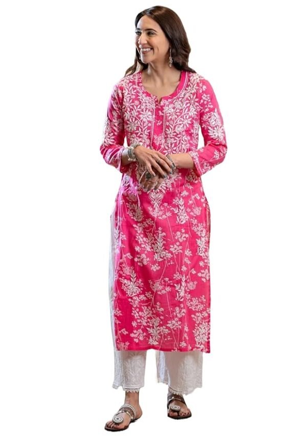 Women's Cotton Blend Chikankari Embroidered Straight Kurta Set