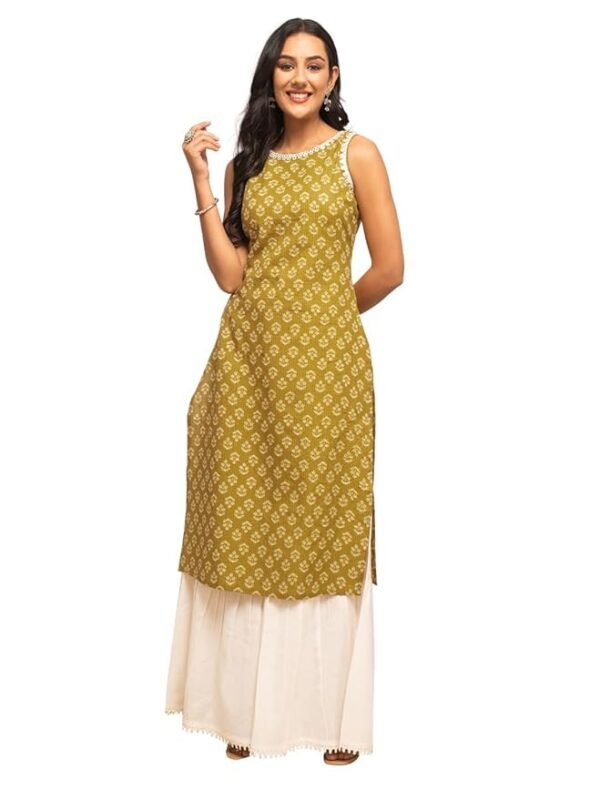 Women's Floral Printed Yellow Cotton Straight Kurta - Image 3