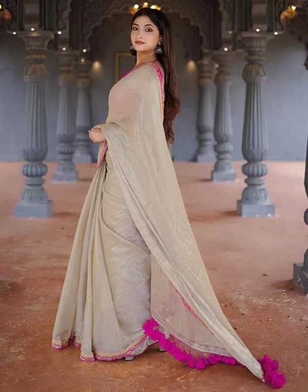 Women's Shimmer Net Lace Border Dual Tone Saree with Unstitched Blouse Piece - Image 3