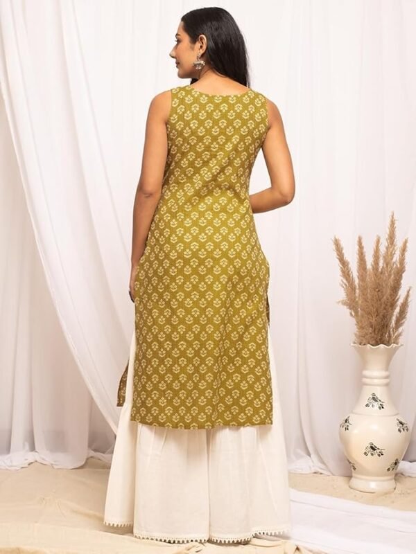 Women's Floral Printed Yellow Cotton Straight Kurta - Image 2