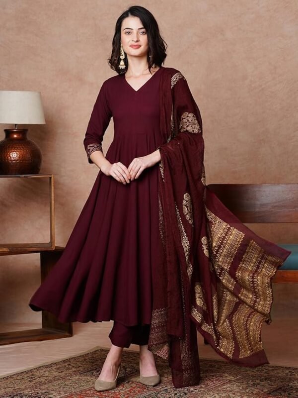 Women's Rayon Blend Solid Anarkali Kurta with Pant & Dupatta - Image 3