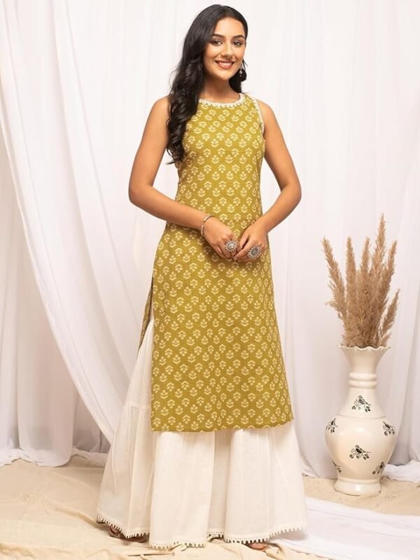 Women's Floral Printed Yellow Cotton Straight Kurta - Image 4