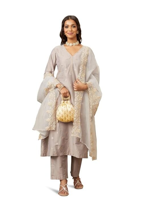 Women’s Solid Regular Embroidered Kurta Pant Set with Organza Dupatta