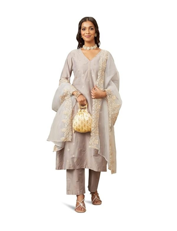 Women's Solid Regular Embroidered Kurta Pant Set with Organza Dupatta