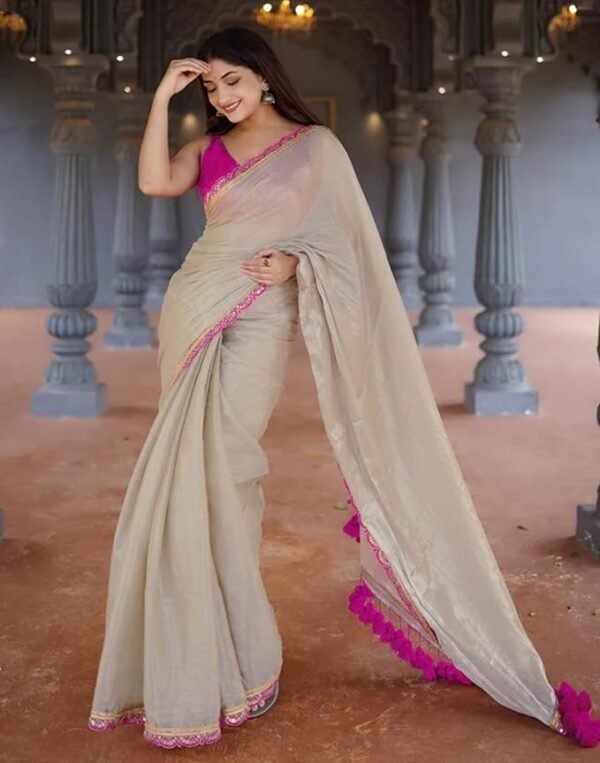 Women's Shimmer Net Lace Border Dual Tone Saree with Unstitched Blouse Piece - Image 2