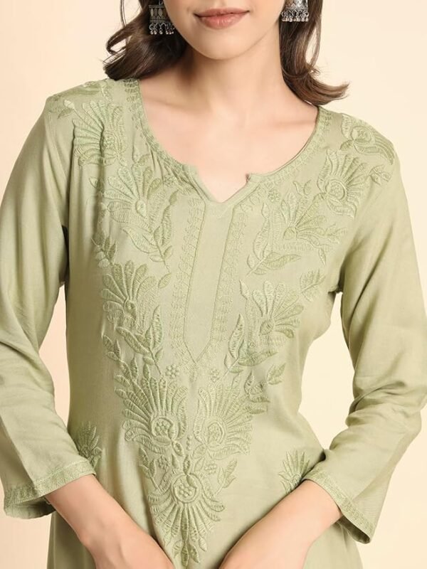 Women's Rayon Straight Cut Round Neck Kurta with Beautiful Lucknowi Chickenkari Work, Stylish Kurti for Women, - Image 3
