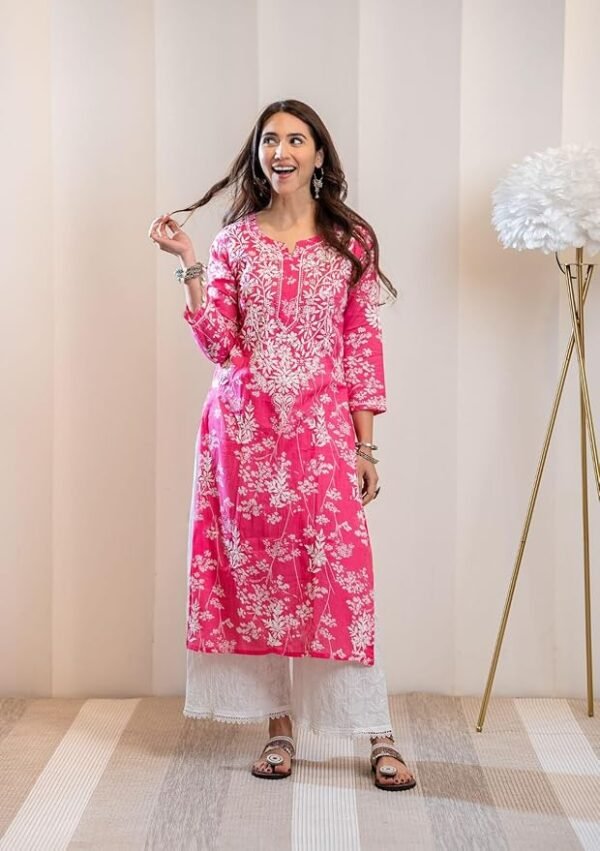 Women's Cotton Blend Chikankari Embroidered Straight Kurta Set - Image 4