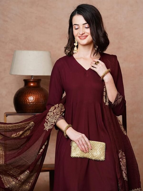 Women's Rayon Blend Solid Anarkali Kurta with Pant & Dupatta - Image 4
