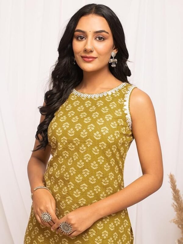 Women's Floral Printed Yellow Cotton Straight Kurta