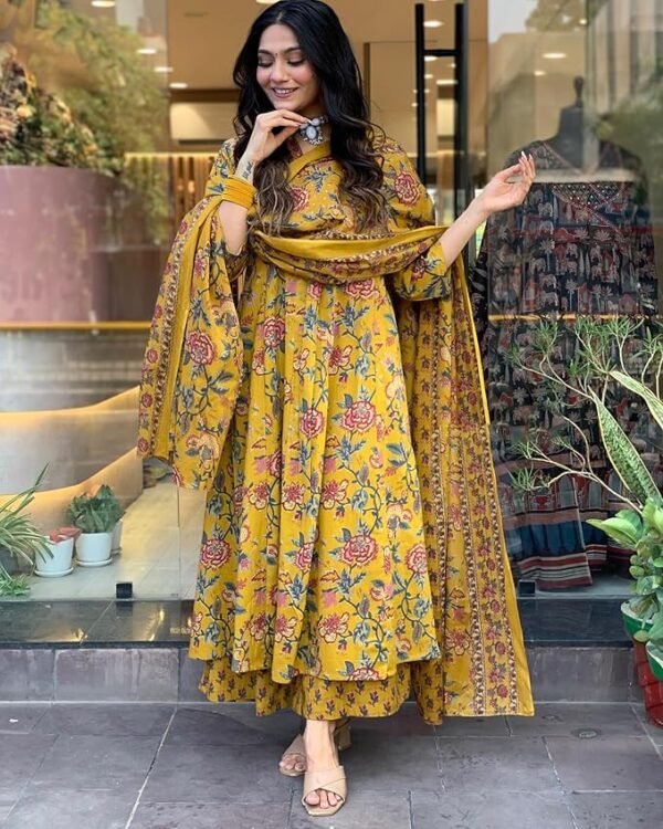 Women's Rayon Viscose Anarkali Printed Kurta with Palazzo & Dupatta
