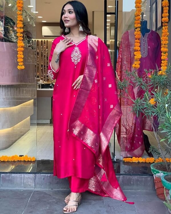 Women's Silk Blend Straight Embroidered Kurta with Pant & Dupatta - Image 3