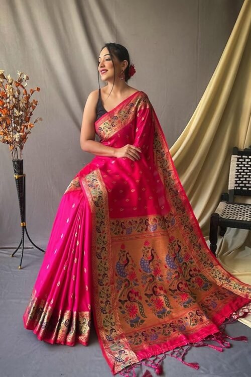 Women’s Paithani Soft Lichi Silk Kanjivaram Sarees With Blouse Piece