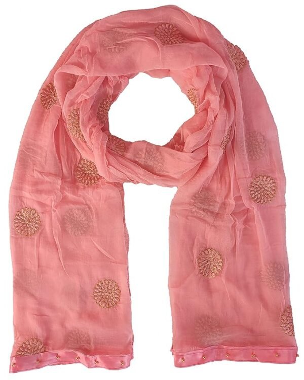 Flower Embroidered Work Chiffon Dupatta for Womens & Girls with Fancy Moti Lace