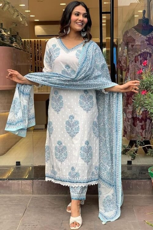 Women Cotton Block Printed Kurta Pant With Dupatta