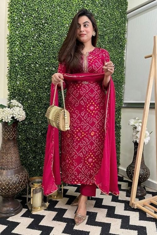 Women’s Rayon Viscose Straight Bandhej Printed Kurta with Pant & Dupatta