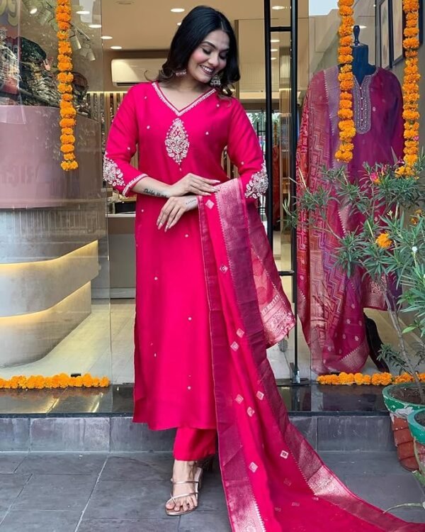 Women's Silk Blend Straight Embroidered Kurta with Pant & Dupatta - Image 2