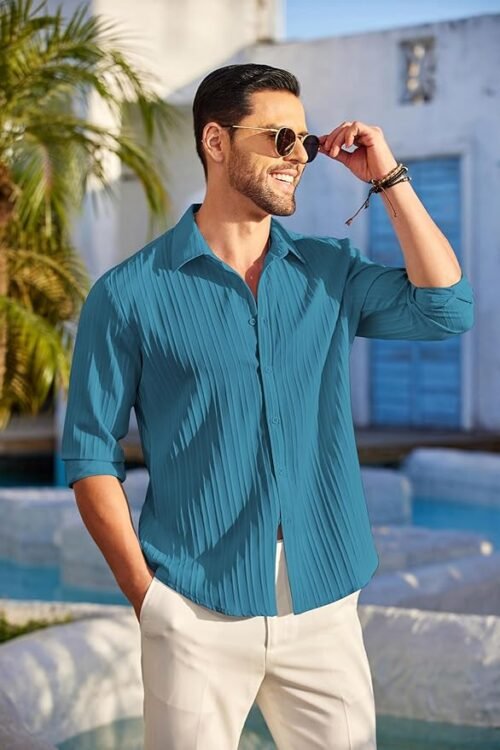 Men’s Casual Button Down Shirts Long Sleeve Linen Shirt Fashion Textured Beach Summer Shirt
