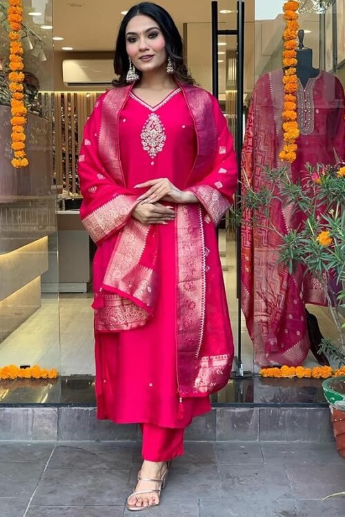 Women’s Silk Blend Straight Embroidered Kurta with Pant & Dupatta
