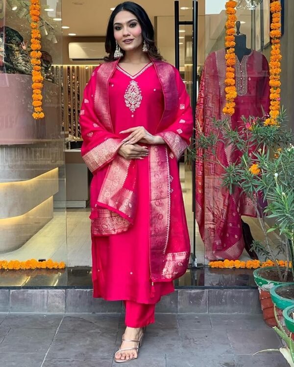 Women's Silk Blend Straight Embroidered Kurta with Pant & Dupatta