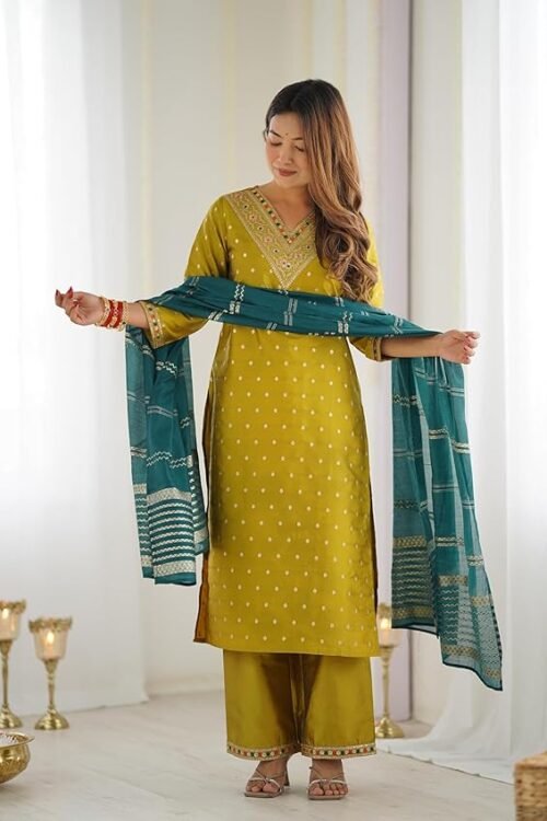 Women’s Silk Blend Jaquard & Sequence Embroidery Straight Kurta with Pant & Dupatta