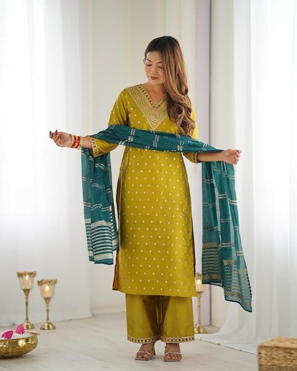 Women's Silk Blend Jaquard & Sequence Embroidery Straight Kurta with Pant & Dupatta