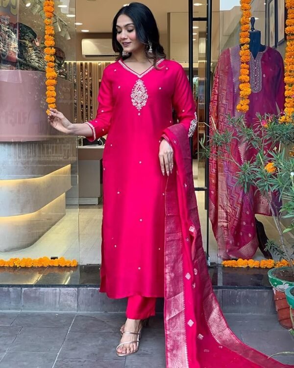 Women's Silk Blend Straight Embroidered Kurta with Pant & Dupatta - Image 4