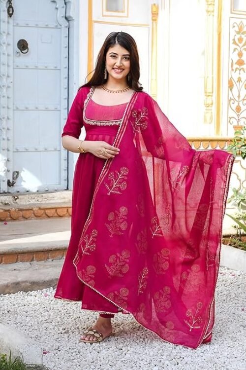 Women’s Rayon Viscose Embroidered Anarkali Kurta with Pant & Dupatta
