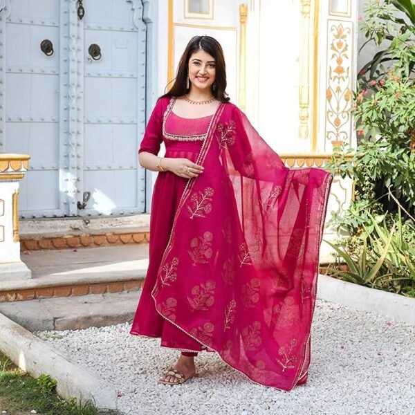 Women's Rayon Viscose Embroidered Anarkali Kurta with Pant & Dupatta