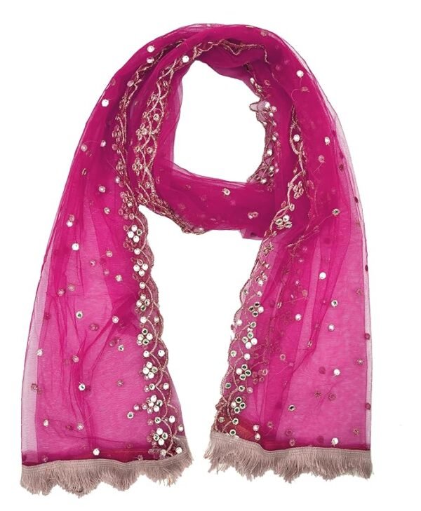 Plastic Mirror Emboridered Net Dupatta for Womens & Girls With Fancy Cut Design with Lace - Image 3