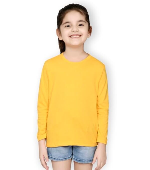 Girls Solid Cotton T-Shirt | Round Neck | Full Sleeves | Plain-Regular Fit |