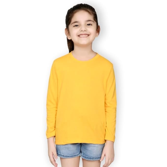 Girls Solid Cotton T-Shirt | Round Neck | Full Sleeves | Plain-Regular Fit |