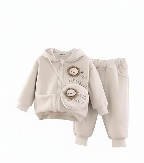 Baby Lion Hoodie Set, Cream White Cotton Sweatshirt and Jogger, 2-Piece Outfit with Plush Lion Appliques, Unisex Winter Wear