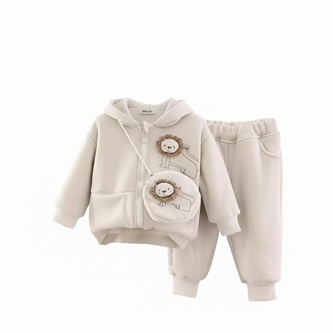 Baby Lion Hoodie Set, Cream White Cotton Sweatshirt and Jogger, 2-Piece Outfit with Plush Lion Appliques, Unisex Winter Wear