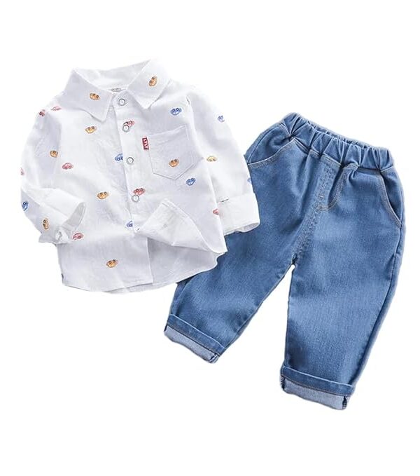 Boys Cotton Muslin Car Print Shirt with Jeans | Cotton Linen Shirt & Denim Pants Party Dress for Infant