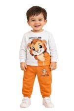 Printed Round Neck Full Sleeve T-shirt and Pant Clothing Set for Baby Boys-White