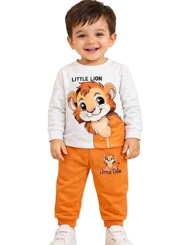 Printed Round Neck Full Sleeve T-shirt and Pant Clothing Set for Baby Boys-White